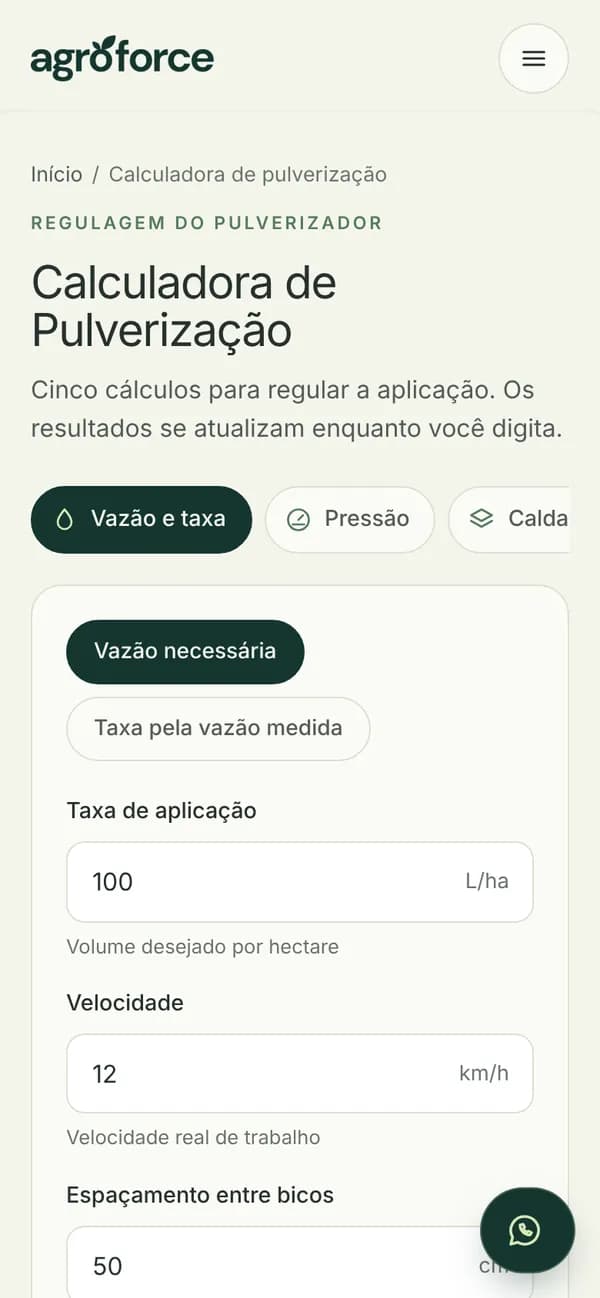 Calculadora de pulverização no celular