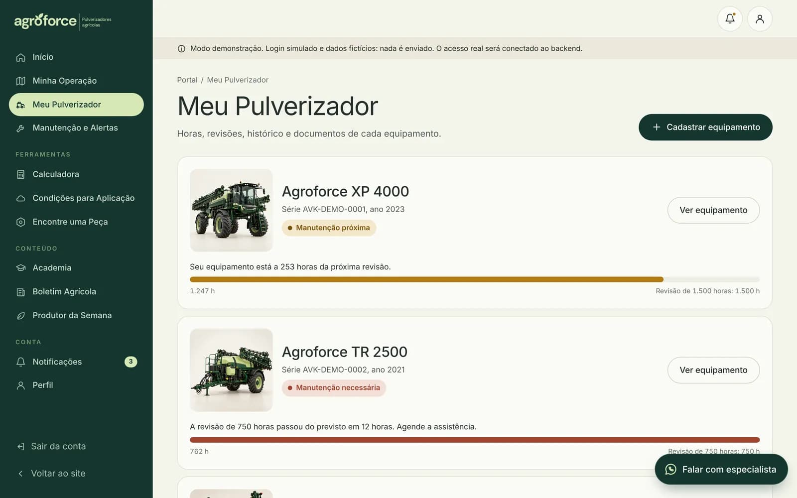 Tela Meu Pulverizador com horas e manutenções dos equipamentos