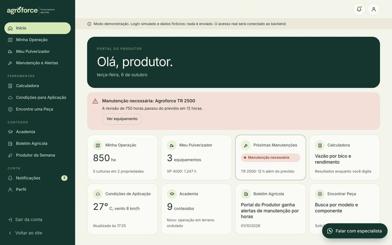 Portal do Produtor da Agroforce com visão geral da operação